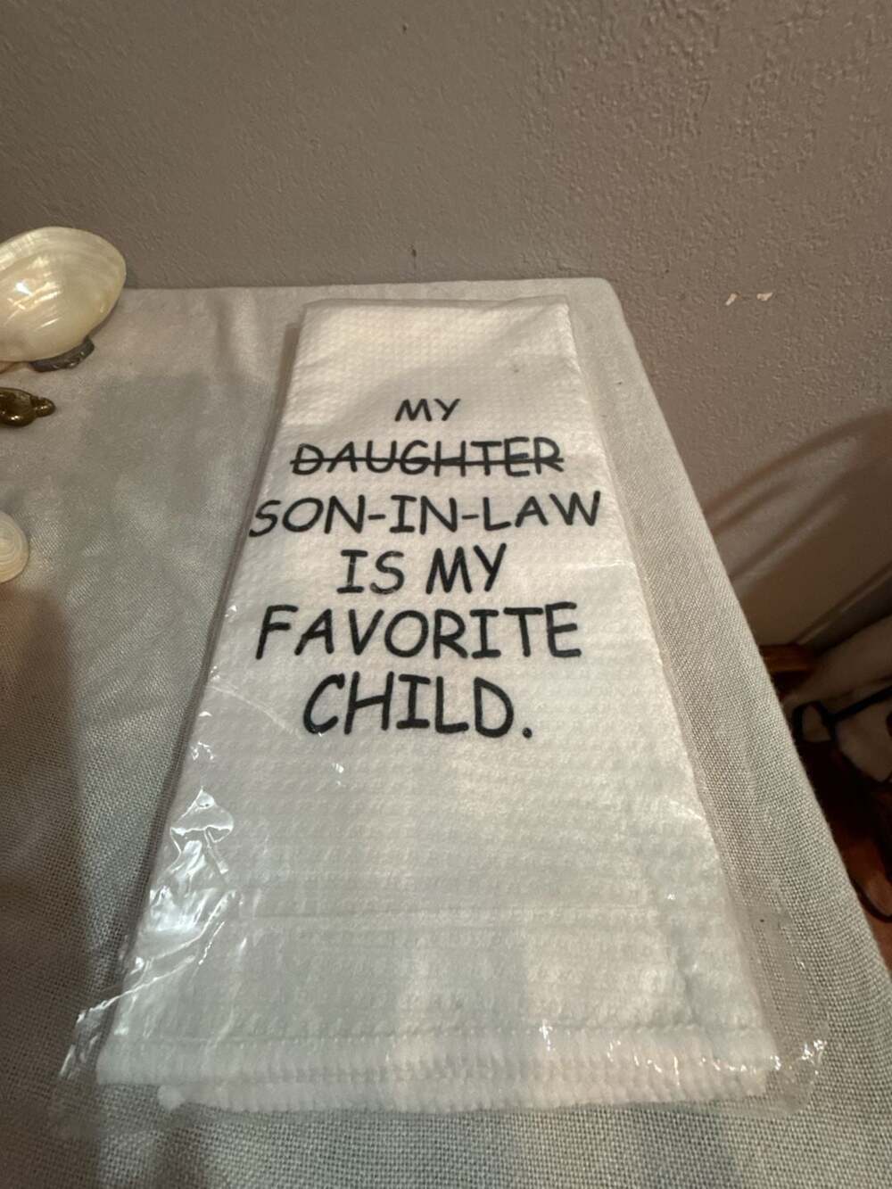 Novelty Kitchen Towel My Son-In-Law Is My Favorite Child White Waffle Weave